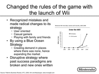 Changed the rules of the game with
                 the launch of Wii
         • Recognized mistakes and
           made radical changes to its
           strategy
                o   User oriented
                o   Casual gamers
                o   Playing with family and friends
         • By using a Blue Ocean
           Strategy
                o   Creating demand in places
                    where there was none, hence
                    expanding the market
         • Disruptive strategy where
           past success paradigms are
           broken and new ones written

Source: Palermo Business Review | Nº 2, 2005, Kim and Mauborgne, www.innosight.com
 