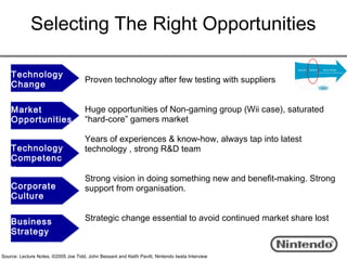 Selecting The Right Opportunities

    Technology
                                      Proven technology after few testing with suppliers
    Change

    Market                            Huge opportunities of Non-gaming group (Wii case), saturated
    Opportunities                     “hard-core” gamers market

                                      Years of experiences & know-how, always tap into latest
    Technology                        technology , strong R&D team
    Competenc
    y
                                      Strong vision in doing something new and benefit-making. Strong
    Corporate                         support from organisation.
    Culture

    Business                          Strategic change essential to avoid continued market share lost
    Strategy

Source: Lecture Notes, ©2005 Joe Tidd, John Bessant and Keith Pavitt, Nintendo Iwata Interview
 