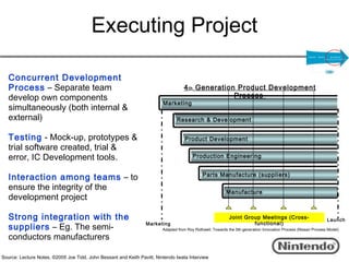 Executing Project

   Concurrent Development
   Process – Separate team                                                          4 th Generation Product Development
   develop own components                                                                          Process
                                                                         Marketing
   simultaneously (both internal &
   external)                                                                    Research & Development


   Testing - Mock-up, prototypes &                                                  Product Development
   trial software created, trial &
   error, IC Development tools.                                                          Production Engineering


                                                                                              Parts Manufacture (suppliers)
   Interaction among teams – to
   ensure the integrity of the                                                                             Manufacture
   development project

   Strong integration with the                                                                              Joint Group Meetings (Cross-                         Launch
                                                                 Marketing                                           functional)
   suppliers – Eg. The semi-                                             Adapted from Roy Rothwell, Towards the 5th-generation Innovation Process (Nissan Process Model)

   conductors manufacturers

Source: Lecture Notes, ©2005 Joe Tidd, John Bessant and Keith Pavitt, Nintendo Iwata Interview
 