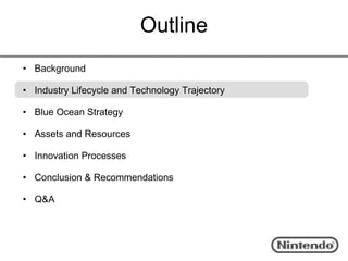 Outline
• Background

• Industry Lifecycle and Technology Trajectory

• Blue Ocean Strategy

• Assets and Resources

• Innovation Processes

• Conclusion & Recommendations

• Q&A
 