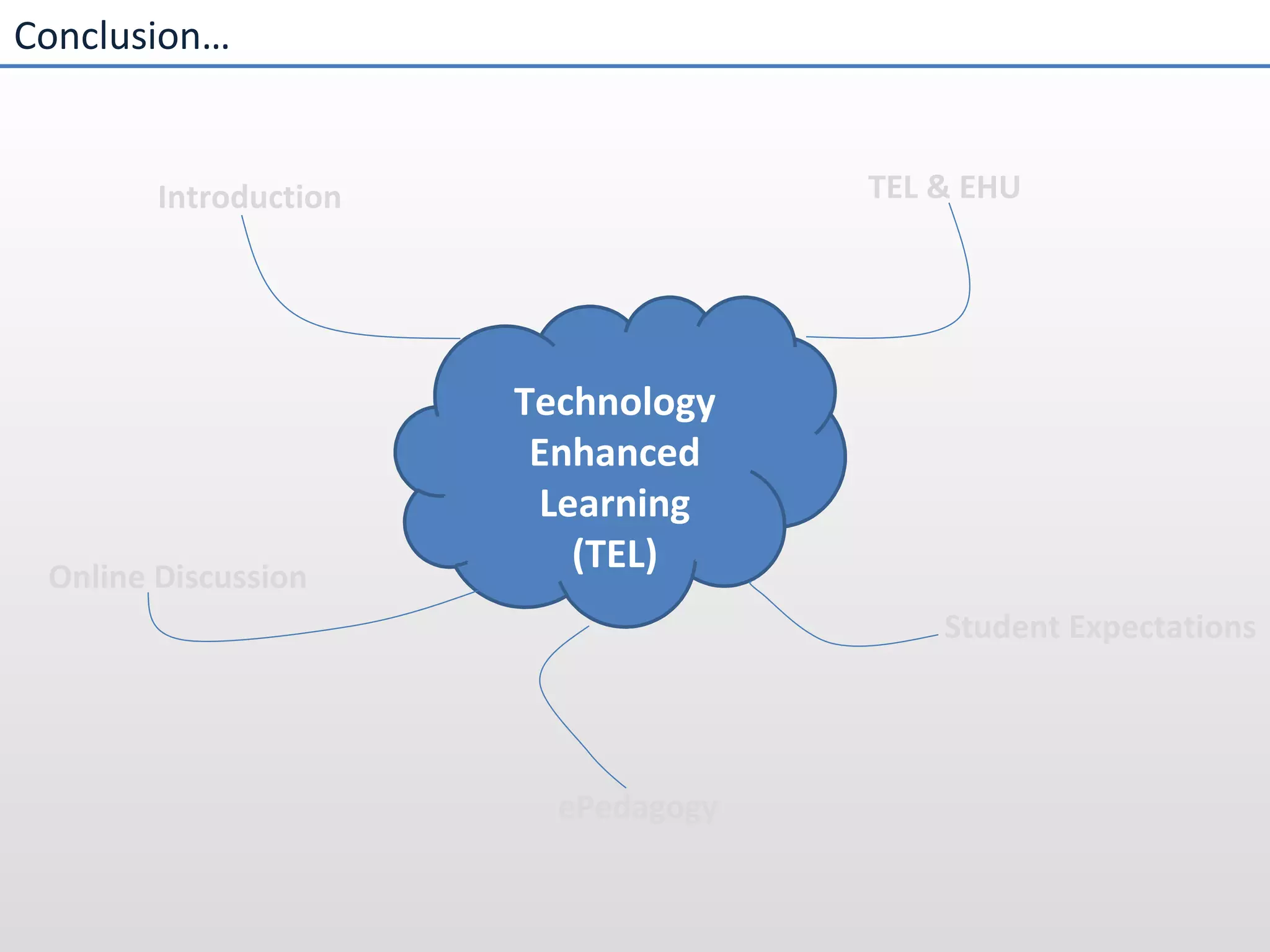 Conclusion… Introduction TEL & EHU Student Expectations ePedagogy Online Discussion Technology Enhanced Learning (TEL) 