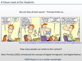 A Closer Look at Our Students But are they all tech savvy? – Prensky thinks so… How many people can relate to this cartoon? Marc Prensky (2001) introduced the concept of Digital Immigrants' and Digital Natives http://www.doseofdigital.com/2009/04/healthcare-marketing-needs-some-digital-natives/ CIBER Report is on a similar wavelength 