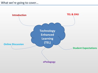 What we’re going to cover… Introduction TEL & EHU Student Expectations ePedagogy Online Discussion Technology Enhanced Learning (TEL) 