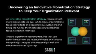Uncovering an Innovative Monetization Strategy
to Keep Your Organization Relevant
An innovative monetization strategy requires much
more than meets the eye. While many organizations
focus their efforts on acquiring new customers and
filling the funnel, the most successful companies
focus instead on retention.
Today’s experience economy requires that you
either innovate on old revenue models or introduce
new pricing strategies that better align with the
modern consumer’s journey.
 