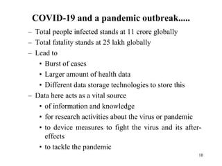 COVID-19 and a pandemic outbreak.....
– Total people infected stands at 11 crore globally
– Total fatality stands at 25 lakh globally
– Lead to
• Burst of cases
• Larger amount of health data
• Different data storage technologies to store this
– Data here acts as a vital source
• of information and knowledge
• for research activities about the virus or pandemic
• to device measures to fight the virus and its after-
effects
• to tackle the pandemic
10
 