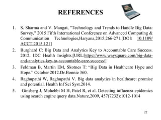 REFERENCES
1. S. Sharma and V. Mangat, "Technology and Trends to Handle Big Data:
Survey," 2015 Fifth International Conference on Advanced Computing &
Communication Technologies,Haryana,2015,266-271.[DOI: 10.1109/
ACCT.2015.121]
2. Burghard C: Big Data and Analytics Key to Accountable Care Success.
2012, IDC Health Insights.[URL:https://www.waysquare.com/big-data-
and-analytics-key-to-accountable-care-success/]
3. Feldman B, Martin EM, Skotnes T: “Big Data in Healthcare Hype and
Hope.” October 2012.Dr.Bonnie 360.
4. Raghupathi W, Raghupathi V. Big data analytics in healthcare: promise
and potential. Health Inf Sci Syst.2014.
5. Ginsberg J, Mohebbi M H, Patel R, et al. Detecting influenza epidemics
using search engine query data.Nature,2009, 457(7232):1012-1014
22
 