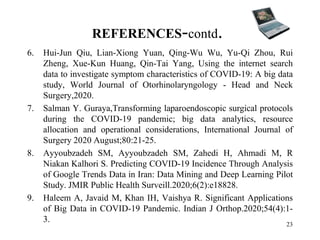 REFERENCES-contd.
6. Hui-Jun Qiu, Lian-Xiong Yuan, Qing-Wu Wu, Yu-Qi Zhou, Rui
Zheng, Xue-Kun Huang, Qin-Tai Yang, Using the internet search
data to investigate symptom characteristics of COVID-19: A big data
study, World Journal of Otorhinolaryngology - Head and Neck
Surgery,2020.
7. Salman Y. Guraya,Transforming laparoendoscopic surgical protocols
during the COVID-19 pandemic; big data analytics, resource
allocation and operational considerations, International Journal of
Surgery 2020 August;80:21-25.
8. Ayyoubzadeh SM, Ayyoubzadeh SM, Zahedi H, Ahmadi M, R
Niakan Kalhori S. Predicting COVID-19 Incidence Through Analysis
of Google Trends Data in Iran: Data Mining and Deep Learning Pilot
Study. JMIR Public Health Surveill.2020;6(2):e18828.
9. Haleem A, Javaid M, Khan IH, Vaishya R. Significant Applications
of Big Data in COVID-19 Pandemic. Indian J Orthop.2020;54(4):1-
3. 23
 