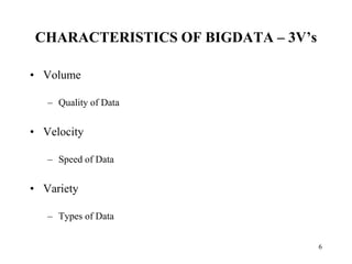 CHARACTERISTICS OF BIGDATA – 3V’s
• Volume
– Quality of Data
• Velocity
– Speed of Data
• Variety
– Types of Data
6
 