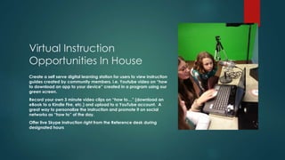 Virtual Instruction
Opportunities In House
Create a self serve digital learning station for users to view instruction
guides created by community members. i.e. Youtube video on “how
to download an app to your device” created in a program using our
green screen.
Record your own 3 minute video clips on “how to…” (download an
eBook to a Kindle Fire, etc.) and upload to a YouTube account. A
great way to personalize the instruction and promote it on social
networks as “how to” of the day.
Offer live Skype instruction right from the Reference desk during
designated hours
 