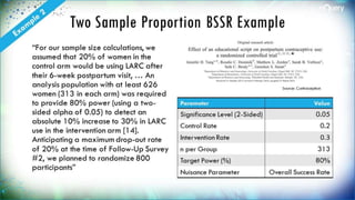 Two Sample Proportion BSSR
Example
“For our sample size
calculations, we assumed that
20% of women in the control arm
would be using LARC after their
6-week postpartum visit, … An
analysis population with at least
626 women (313 in each arm)
was required to provide 80%
power (using a two-sided alpha
of 0.05) to detect an absolute
10% increase to 30% in LARC use
in the intervention arm [14].
Anticipating a maximum drop-
out rate of 20% at the time of
Follow-Up Survey #2, we planned
to randomize 800 participants”
Source: Contraception
Parameter Value
Significance Level (2-
Sided)
0.05
Control Rate 0.2
Intervention Rate 0.3
n per Group 313
Target Power (%) 80%
Nuisance Parameter Overall Success
Rate
 