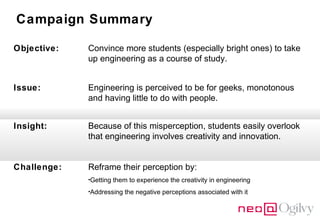 Campaign Summary
Objective:

Convince more students (especially bright ones) to take
up engineering as a course of study.

Issue:

Engineering is perceived to be for geeks, monotonous
and having little to do with people.

Insight:

Because of this misperception, students easily overlook
that engineering involves creativity and innovation.

Challenge:

Reframe their perception by:
•Getting them to experience the creativity in engineering
•Addressing the negative perceptions associated with it

 