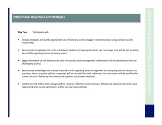  	
  INSTRUCTIONAL	
  OBJECTIVES	
  AND	
  STRATEGIES	
  
Instruc3onal	
  Objec3ves	
  and	
  Strategies	
  
Day	
  Two:	
   Par7cipants	
  will:	
  
	
  	
  
  analyze	
  strategies	
  and	
  jus7fy	
  appropriate	
  use	
  of	
  company	
  assets	
  (engage	
  in	
  ac7vi7es	
  about	
  using	
  company	
  assets	
  
responsibly)	
  
  demonstrate	
  knowledge	
  and	
  construct	
  relevant	
  evidence	
  of	
  appropriate	
  asset	
  use	
  (scavenger	
  hunt	
  will	
  be	
  set	
  up	
  within	
  
Second	
  Life	
  regarding	
  various	
  company	
  assets)	
  
  apply	
  informa7on	
  of	
  and	
  demonstrate	
  skills	
  in	
  business	
  asset	
  management	
  (informa7on	
  will	
  be	
  presented	
  on	
  the	
  use	
  
of	
  company	
  assets)	
  
  demonstrate	
  knowledge	
  and	
  achieve	
  required	
  results	
  regarding	
  asset	
  management	
  and	
  company	
  policies	
  (respond	
  to	
  
ques7ons	
  about	
  company	
  policies;	
  responses	
  will	
  be	
  recorded	
  for	
  each	
  individual;	
  this	
  informa7on	
  will	
  be	
  available	
  for	
  
trainers	
  to	
  use	
  in	
  follow-­‐up	
  discussions	
  and	
  ques7on	
  and	
  answer	
  sessions)	
  
  collaborate	
  and	
  reﬂect	
  with	
  colleagues	
  (ﬁnal	
  remarks,	
  reﬂec7on	
  and	
  conclusion;	
  followed	
  by	
  op7onal	
  interaction	
  and	
  
networking	
  with	
  course	
  par7cipants	
  within	
  a	
  virtual	
  social	
  setng)	
  
 