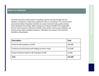  	
  RETURN	
  ON	
  INVESTMENT	
  
Return	
  on	
  Investment	
  
Innova7ve	
  Solu7ons	
  prides	
  itself	
  on	
  providing	
  superior	
  training	
  through	
  low	
  cost	
  
solu7ons.	
  Companies	
  usually	
  ﬁnd	
  a	
  signiﬁcant	
  return	
  on	
  investment.	
  The	
  virtual	
  world	
  
environment	
  allows	
  Innova7ve	
  Solu7ons	
  to	
  create	
  interac7ve	
  high-­‐quality	
  training	
  
with	
  substan7al	
  cost	
  savings.	
  Major	
  savings	
  occur	
  because	
  Health	
  Care	
  Coopera7ve	
  
will	
  not	
  need	
  to	
  pay	
  for	
  conference	
  facili7es,	
  food,	
  airfare,	
  hotel	
  accommoda7ons,	
  car	
  
rentals	
  and	
  per-­‐diem	
  employee	
  expenses.	
  Es7mated	
  cost	
  saving	
  to	
  HCC	
  would	
  be	
  
$41,600	
  as	
  listed	
  below:	
  
Descrip3on	
   	
   	
   Cost	
  
Airfare	
  for	
  80	
  employees	
  at	
  $350	
   $28,000	
  
Conference	
  Facility	
  Rental	
  with	
  lodging	
  and	
  three	
  meals	
   $12,000	
  
Airport	
  ShuUle	
  to	
  Hotels	
  for	
  80	
  employees	
  at	
  $20	
   $1,600	
  
Total	
   $41,600	
  
 