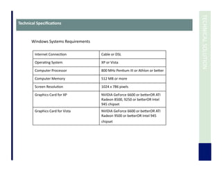  	
  TECHNICAL	
  SOLUTION	
  
Technical	
  Speciﬁca3ons	
  
Windows	
  Systems	
  Requirements	
  
Internet	
  Connec7on	
   Cable	
  or	
  DSL	
  
Opera7ng	
  System	
   XP	
  or	
  Vista	
  
Computer	
  Processor	
   800	
  MHz	
  Pen7um	
  III	
  or	
  Athlon	
  or	
  beUer	
  
Computer	
  Memory	
   512	
  MB	
  or	
  more	
  
Screen	
  Resolu7on	
   1024	
  x	
  786	
  pixels	
  
Graphics	
  Card	
  for	
  XP	
   NVIDIA	
  GeForce	
  6600	
  or	
  beUerOR	
  ATI	
  
Radeon	
  8500,	
  9250	
  or	
  beUerOR	
  Intel	
  
945	
  chipset	
   	
  
Graphics	
  Card	
  for	
  Vista	
   NVIDIA	
  GeForce	
  6600	
  or	
  beUerOR	
  ATI	
  
Radeon	
  9500	
  or	
  beUerOR	
  Intel	
  945	
  
chipset	
   	
  
 