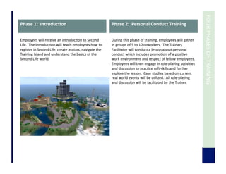  	
  FOUR	
  PHASES	
  OF	
  TRAINING	
  
Phase	
  1:	
  	
  Introduc3on	
  
Employees	
  will	
  receive	
  an	
  introduc7on	
  to	
  Second	
  
Life.	
  	
  The	
  introduc7on	
  will	
  teach	
  employees	
  how	
  to	
  
register	
  in	
  Second	
  Life,	
  create	
  avatars,	
  navigate	
  the	
  
Training	
  Island	
  and	
  understand	
  the	
  basics	
  of	
  the	
  
Second	
  Life	
  world.	
  
Phase	
  2:	
  	
  Personal	
  Conduct	
  Training	
  
During	
  this	
  phase	
  of	
  training,	
  employees	
  will	
  gather	
  
in	
  groups	
  of	
  5	
  to	
  10	
  coworkers.	
  	
  The	
  Trainer/
Facilitator	
  will	
  conduct	
  a	
  lesson	
  about	
  personal	
  
conduct	
  which	
  includes	
  promo7on	
  of	
  a	
  posi7ve	
  
work	
  environment	
  and	
  respect	
  of	
  fellow	
  employees.	
  	
  
Employees	
  will	
  then	
  engage	
  in	
  role-­‐playing	
  ac7vi7es	
  
and	
  discussion	
  to	
  prac7ce	
  sod-­‐skills	
  and	
  further	
  
explore	
  the	
  lesson.	
  	
  Case	
  studies	
  based	
  on	
  current	
  
real	
  world	
  events	
  will	
  be	
  u7lized.	
  	
  All	
  role-­‐playing	
  
and	
  discussion	
  will	
  be	
  facilitated	
  by	
  the	
  Trainer.	
  	
  	
  
 
