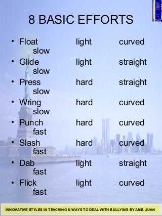 8 BASIC EFFORTS
• Float light curved
slow
• Glide light straight
slow
• Press hard straight
slow
• Wring hard curved
slow
• Punch hard curved
fast
• Slash hard curved
fast
• Dab light straight
fast
• Flick light curved
fast
INNOVATIVE STYLES IN TEACHING & WAYS TO DEAL WITH BULLYING BY AMB. JUAN
 