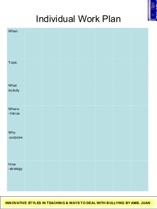 Individual Work Plan
When
Topic
What
Activity
Where
-Venue
Why
-purpose
How
-strategy
INNOVATIVE STYLES IN TEACHING & WAYS TO DEAL WITH BULLYING BY AMB. JUAN
 