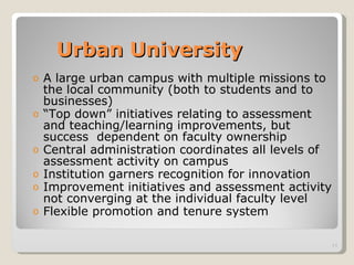Urban University A large urban campus with multiple missions to the local community (both to students and to businesses) “ Top down” initiatives relating to assessment and teaching/learning improvements, but success  dependent on faculty ownership Central administration coordinates all levels of assessment activity on campus  Institution garners recognition for innovation Improvement initiatives and assessment activity not converging at the individual faculty level Flexible promotion and tenure system 