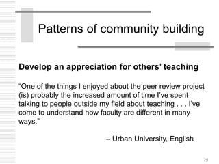 25
Patterns of community building
Develop an appreciation for others’ teaching
“One of the things I enjoyed about the peer review project
(is) probably the increased amount of time I’ve spent
talking to people outside my field about teaching . . . I’ve
come to understand how faculty are different in many
ways.”
– Urban University, English
 