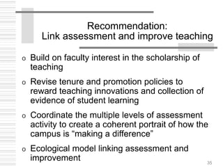 35
Recommendation:
Link assessment and improve teaching
o Build on faculty interest in the scholarship of
teaching
o Revise tenure and promotion policies to
reward teaching innovations and collection of
evidence of student learning
o Coordinate the multiple levels of assessment
activity to create a coherent portrait of how the
campus is “making a difference”
o Ecological model linking assessment and
improvement
 