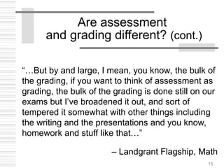15
Are assessment
and grading different? (cont.)
“…But by and large, I mean, you know, the bulk of
the grading, if you want to think of assessment as
grading, the bulk of the grading is done still on our
exams but I’ve broadened it out, and sort of
tempered it somewhat with other things including
the writing and the presentations and you know,
homework and stuff like that…”
– Landgrant Flagship, Math
 