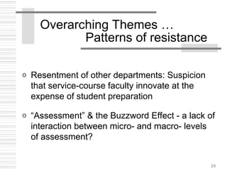 24
Overarching Themes …
Patterns of resistance
o Resentment of other departments: Suspicion
that service-course faculty innovate at the
expense of student preparation
o “Assessment” & the Buzzword Effect - a lack of
interaction between micro- and macro- levels
of assessment?
 