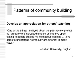 25
Patterns of community building
Develop an appreciation for others’ teaching
“One of the things I enjoyed about the peer review project
(is) probably the increased amount of time I’ve spent
talking to people outside my field about teaching . . . I’ve
come to understand how faculty are different in many
ways.”
– Urban University, English
 