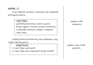 Activity - 1 
due‰v nb-asØ Ipdn-°p∂ Nm¿´v A[ym-]nI Ip´n-Iƒ°v 
ImWn-®psImSp°p-∂p. 
due‰v nbaw 
GsXm-cn-¥ym-°m-c-sbpw ImcWw IqSm-sX 
AdÃv sNømpw hnNm-cW IqSmsX XS-hn-en-Smpw 
Kh¨sa‚nv A[n-Imcw ¬Ip∂ nb-a-amWv 
due‰v nb-aw. 
Nm¿´ns‚ ASn-ÿm--Øn¬ A[ym-]nI Ip´n-I-tfmSp N¿® 
sNøm≥ Bh-iy-sΠ-Sp-∂p. 
N¿®m-kq-NIw 
1) due‰v nbaw F∂m-se¥v? 
2) due‰v nb-a-{]-Imcw Bsc-bmWv AdÃv sNbvXXv? 
Ip´n-Iƒ Nm¿´v 
{i≤n-°p∂p 
Ip´n-Iƒ N¿® sNbvXv 
Fgp-Xp∂p 
 