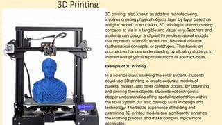 3D Printing
3D printing, also known as additive manufacturing,
involves creating physical objects layer by layer based on
a digital model. In education, 3D printing is utilized to bring
concepts to life in a tangible and visual way. Teachers and
students can design and print three-dimensional models
that represent scientific structures, historical artifacts,
mathematical concepts, or prototypes. This hands-on
approach enhances understanding by allowing students to
interact with physical representations of abstract ideas.
Example of 3D Printing
In a science class studying the solar system, students
could use 3D printing to create accurate models of
planets, moons, and other celestial bodies. By designing
and printing these objects, students not only gain a
deeper understanding of the spatial relationships within
the solar system but also develop skills in design and
technology. The tactile experience of holding and
examining 3D-printed models can significantly enhance
the learning process and make complex topics more
accessible.
 