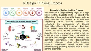 6.Design Thinking Process
Example of Design-thinking Process
Let's consider a design-thinking project in a high
school setting. Students might be tasked with
addressing a local environmental issue, such as
waste reduction. The process would start with
empathizing, where students research and
understand the perspectives of different
stakeholders affected by the problem. Next, they
would ideate, generating creative solutions to
address the issue. In the prototyping phase,
students might create physical or digital prototypes
of their proposed solutions. Finally, they would test
and refine their prototypes based on feedback and
real-world observations. This design-thinking
approach integrates various skills, including
research, collaboration, critical thinking, and
problem-solving, providing students with a holistic
learning experience
 