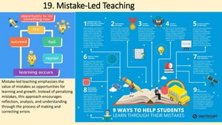19. Mistake-Led Teaching
Mistake-led teaching emphasizes the
value of mistakes as opportunities for
learning and growth. Instead of penalizing
mistakes, this approach encourages
reflection, analysis, and understanding
through the process of making and
correcting errors
 