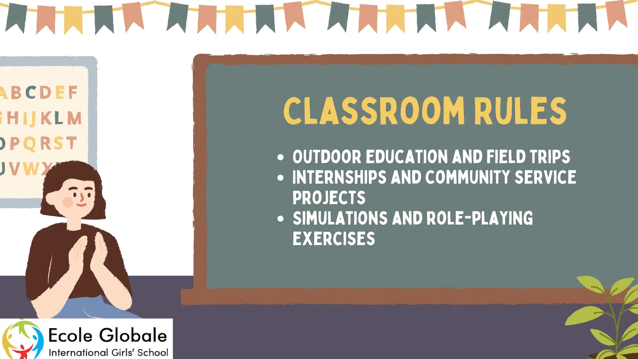 Outdoor education and field trips
Internships and community service
projects
Simulations and role-playing
exercises
Classroom Rules
 