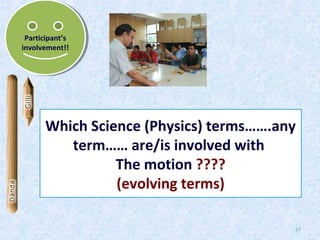 Participant’s
Participant’s
involvement!!
involvement!!

Which Science (Physics) terms…….any
term…… are/is involved with
The motion ????
(evolving terms)
17

 