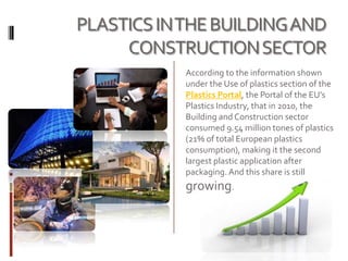 PLASTICS IN THE BUILDING AND
     CONSTRUCTION SECTOR
            According to the information shown
            under the Use of plastics section of the
            Plastics Portal, the Portal of the EU’s
            Plastics Industry, that in 2010, the
            Building and Construction sector
            consumed 9.54 million tones of plastics
            (21% of total European plastics
            consumption), making it the second
            largest plastic application after
            packaging. And this share is still
            growing.
 