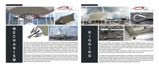 On site, our team will pay particular attention to setting out, checking that all the site details
are 100% in accordance with the drawings, and so making sure that everything is in order
from the off. Steel erection will then be carried out, manually or with lifting equipment
depending on the size. The fabric will then follow, being installed onto the steel structure
itself or fixed using brackets where wind conditions require it. Particular care has to be
taken when handing the fabric, as although its tough form and lacquer finish give most
fabrics upward of 25 yrs life, care must be taken not to damage the surface when it is folded
etc..
Tensioning is the final aspect of the installation. This must be carried out in a specific order,
tensioning in certain directions where particular details or fabric stretch dictates. The final
tension is predetermined by the engineering of the structure, as 'pre-tension' levels must be
achieved to make sure the canopy is tensioned to the correct amount to prevent excessive
fabric movement under wind and snow loads.
Key to our business, but meaning a lot of different things to different people, we use the
term 'rigging' to refer to hardware, usually stainless steel, used for fixing and tensioning
canopies into place. The variations in designs, details and sizes are huge, from M5 upward
to M36 and beyond, but obviously the size of the rigging section will depend directly upon
the load that is being imposed upon it.
For interior applications, rigging is generally smaller than exterior, still being used for
tensioning but not being put under anywhere the loads of exterior canopies.
For larger interior canopies, where loads are increased (as more tension is required to pull
the canopy into shape) the size of connectors will increase. This direct relationship of larger
loads requiring larger rigging sizes obviously extends to exterior environments, and more
so where higher safety factors come into play. Engineering information gained during the
design process will dictate these fixing and rigging sizes accordingly.
R
I
G
G
I
N
G
Where Innovation meets Ingenuity.. Where Innovation meets Ingenuity..
M
E
C
H
A
N
I
S
M
 