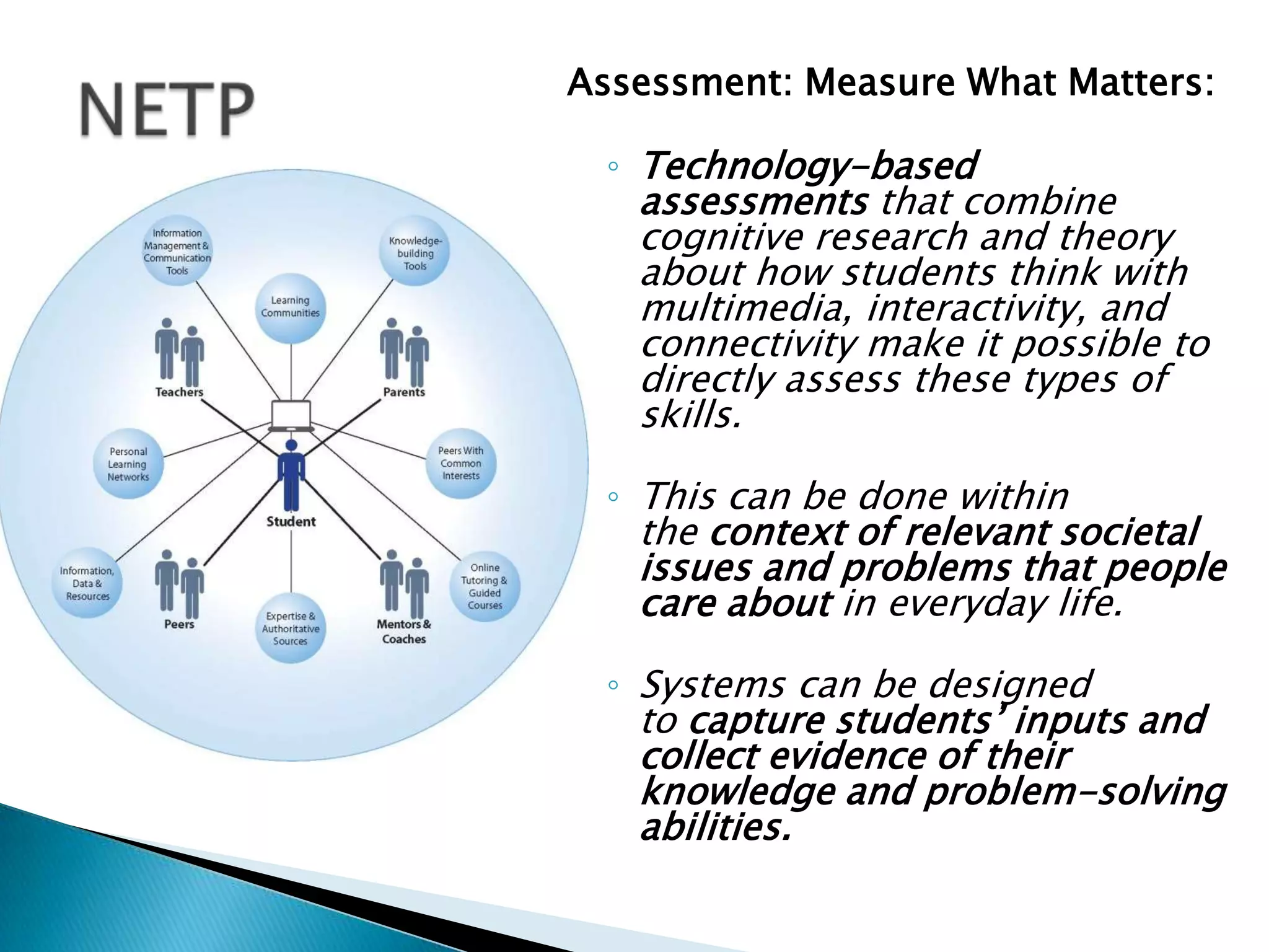 Assessment: Measure What Matters:

  ◦ Technology-based
   assessments that combine
   cognitive research and theory
   about how students think with
   multimedia, interactivity, and
   connectivity make it possible to
   directly assess these types of
   skills.

  ◦ This can be done within
   the context of relevant societal
   issues and problems that people
   care about in everyday life.

  ◦ Systems can be designed
   to capture students’ inputs and
   collect evidence of their
   knowledge and problem-solving
   abilities.
 