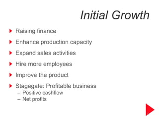 Initial Growth
Raising finance
Enhance production capacity
Expand sales activities
Hire more employees
Improve the product
Stagegate: Profitable business
– Positive cashflow
– Net profits

                                       11
 