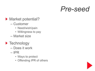 Pre-seed
Market potential?
– Customer
   • Need/wish/pain
   • Willingness to pay
– Market size

Technology
– Does it work
– IPR
   • Ways to protect
   • Offending IPR of others

                                      6
 