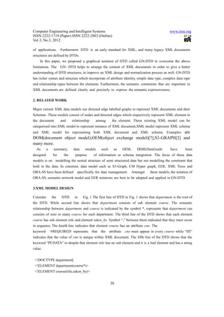 Computer Engineering and Intelligent Systems                                                     www.iiste.org
ISSN 2222-1719 (Paper) ISSN 2222-2863 (Online)
Vol 3, No.3, 2012

of applications.      Furthermore DTD is an early standard for XML, and many legacy XML documents
structures are defined by DTDs.
    In this paper, we proposed a graphical notation of DTD called GN-DTD to overcome the above
limitations. The      GN- DTD helps to arrange the content of XML documents in order to give a better
understanding of DTD structures, to improve an XML design and normalization process as well. GN-DTD
has richer syntax and structure which incorporate of attribute identity, simple data type, complex data type
and relationship types between the elements. Furthermore, the semantic constraints that are important in
XML documents are defined clearly and precisely to express the semantic expressiveness.

2. RELATED WORK

Major current XML data models use directed edge labelled graphs to represent XML documents and their
Schemas .These models consist of nodes and directed edges which respectively represent XML element in
the document          and     relationship     among        the element. These existing XML model can be
categorised into:XML model to represent instance of XML document,XML model represent XML schema
                                                                      are
and XML model for representing both XML document and XML schema. Examples
DOM(document object model),OEM(object exchange model)[7],S3-GRAPH[2] and
many more.
  As       a     summary,     data     models       such     as    OEM,     DOM,DataGuide        have       been
designed        for     the     purpose       of information or schema integration. The focus of these data
models is on modelling the nested structure of semi structured data but not modelling the constraint that
hold in the data. In constrast, data model such as S3-Graph, CM Hyper graph, EER, XML Trees and
ORA-SS have been defined specifically for data management.                Amongst   these models, the notation of
ORA-SS, semantic network model and EER notations are best to be adopted and applied in GN-DTD.

3.XML MODEL DESIGN

Consider        the   DTD      in    Fig. 1 The first line of DTD in Fig. 1 shows that department is the root of
the DTD. While second line shows that department consists of sub element course. The semantic
relationship between department and course is indicated by the symbol *, represents that department can
consists of zero or many course for each department. The third line of the DTD shows that each element
course has sub element title and element taken_by. Symbol “,” between them indicated that they must occur
in sequence. The fourth line indicates that element course has an attribute cno. The
keyword        ‘#REQUIRED‘ represents        that   the    attribute cno must appear in every course while “ID”
indicates that the value of cno is unique within XML document. The fifth line of the DTD shows that the
keyword “PCDATA” to despite that element title has no sub element and it is a leaf element and has a string
value.


 <!DOCTYPE department[
 <!ELEMENT department(course*)>
 <!ELEMENT course(title,taken_by)>


                                                           30
 