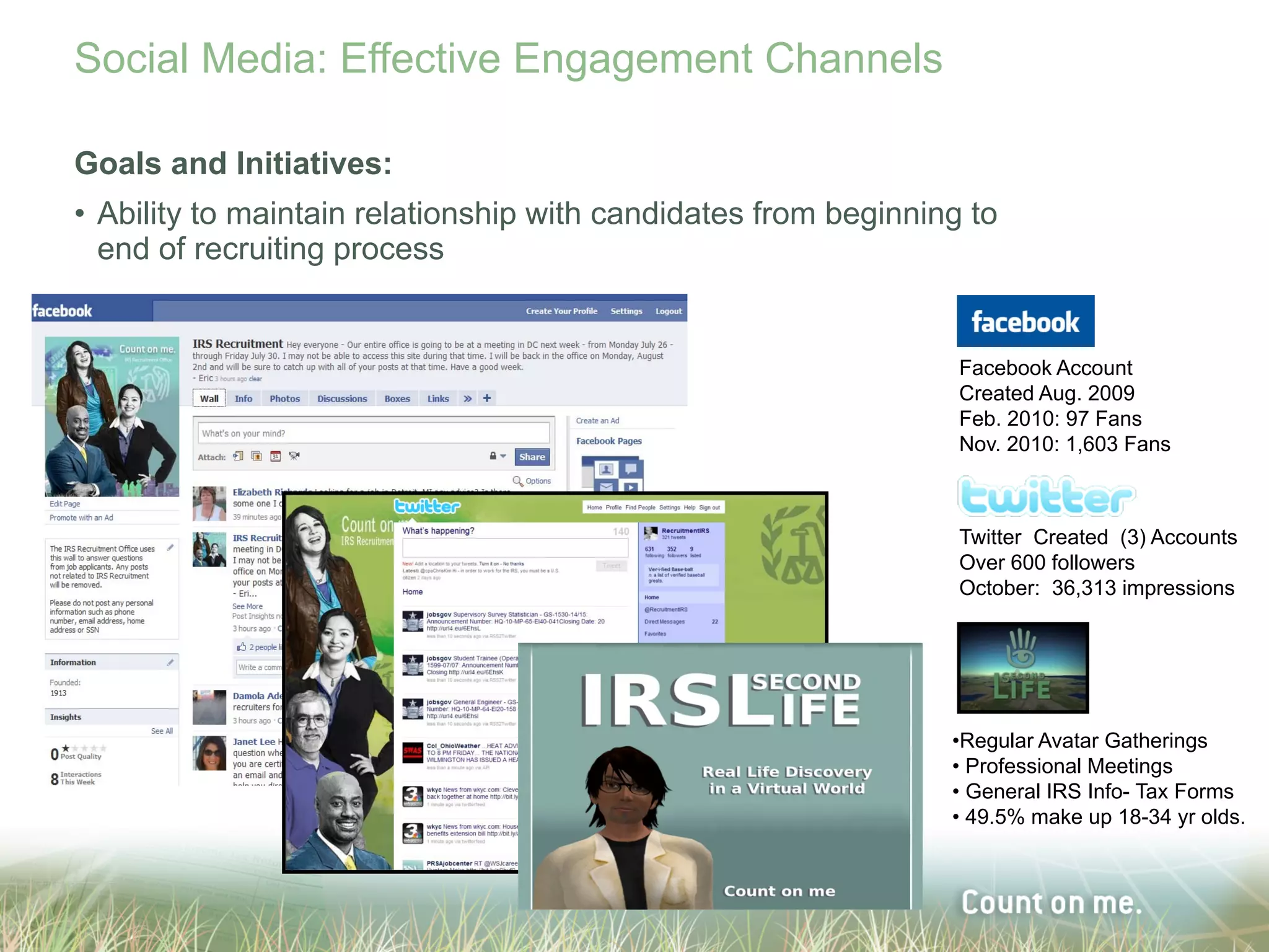 Social Media: Effective Engagement Channels

Goals and Initiatives:
• Ability to maintain relationship with candidates from beginning to
  end of recruiting process


                                                                 Facebook Account
                                                                 Created Aug. 2009
                                                                 Feb. 2010: 97 Fans
                                                                 Nov. 2010: 1,603 Fans



                                                                 Twitter Created (3) Accounts
                                                                 Over 600 followers
                                                                 October: 36,313 impressions




                                                                •Regular Avatar Gatherings
                                                                • Professional Meetings
                                                                • General IRS Info- Tax Forms
                                                                • 49.5% make up 18-34 yr olds.
 