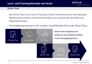 … wachsen im eigenen Rhythmus
grow.up.
Managementberatung
Online TestWebinarOnline Test
SchulungLernphaseOnline Test
Online Tests integrieren wir
flexibel an verschiedenen Stellen
in die Trainingsprogramme
• Der Online Test ist ein Tool im Training, mit dem Teilnehmer leicht ihren aktuellen
Wissensstand und den Lernfortschritt bequem von zuhause oder dem Büro aus
überprüfen können.
• Die Aufgabengestaltung ist sehr variabel: Single/Multiple Choice oder Drag‘n Drop…
Lern- und Trainingsformate von heute
Online Tests
11
 