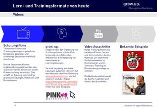 … wachsen im eigenen Rhythmus
grow.up.
Managementberatung
Bekannte BeispieleVideo Ausschnitte
Kurze Filmsequenzen aus
beliebten Filmen, Serien
und Sitcoms liefern bestes
Material, um bestimmte
Verhaltensweisen zu
thematisieren und im
Seminar / Training als
Disskusionsgrundlage zu
nehmen.
Die Methodenvielfalt weckt
die Aufmerksamkeit und
fördert den Lerneffekt.
grow. up.
kooperiert bei der Erstellung von
Schulungsfilmen mit der Pink
University, dem führenden
Anbieter für die Gestaltung von
video-based e-
Learninglösungen.
Sie sind neugierig, wie diese
Lösungen aussehen können? Auf
der Webseite der Pink University
www.pinkuniversity.de und auf
unserem youtube –Kanal
https://www.youtube.com/chann
el/UCBlmoFJiCgi-wvvu8Sm4jVQ
finden Sie viele Beispiele.
Schulungsfilme
Teilnehmer können die
Trainingspassagen in gewohnter
Umgebung abspielen und
schwierige Sequenzen mehrfach
anschauen.
Solche Sequenzen können
ergänzend eingesetzt werden oder
einzelne Themen bereits vor einem
Präsenztraining vermitteln. Dies
schafft im Training mehr Zeit für
praktische Übungen, Reflektion und
Diskussionen.
Videos
Lern- und Trainingsformate von heute
13
 
