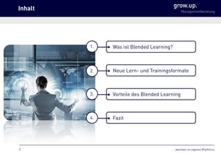 … wachsen im eigenen Rhythmus
grow.up.
Managementberatung
Inhalt
Was ist Blended Learning?
Neue Lern- und Trainingsformate
Vorteile des Blended Learning
1.
2.
3.
Fazit4.
2
Foto von Sergey Nivens / Shutterstock.com
 