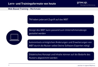 … wachsen im eigenen Rhythmus
grow.up.
Managementberatung
Web Based Training - Merkmale
TN haben jederzeit Zugriff auf das WBT
Design des WBT kann passend zum Unternehmensdesign
gestaltet werden
Didaktisches Konzept und Inhalte können auf die Bedarfe des
Nutzers abgestimmt werden
Autorentools ermöglichen Änderungen und Erweiterungen von
WBT durch die Nutzer selbst (keine Software Experten nötig)
Lern- und Trainingsformate von heute
7
 