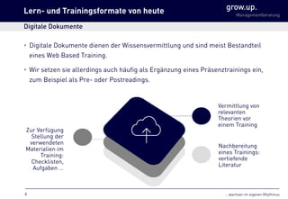 … wachsen im eigenen Rhythmus
grow.up.
Managementberatung
Zur Verfügung
Stellung der
verwendeten
Materialien im
Training:
Checklisten,
Aufgaben …
Vermittlung von
relevanten
Theorien vor
einem Training
Nachbereitung
eines Trainings:
vertiefende
Literatur
Digitale Dokumente
• Digitale Dokumente dienen der Wissensvermittlung und sind meist Bestandteil
eines Web Based Training.
• Wir setzen sie allerdings auch häufig als Ergänzung eines Präsenztrainings ein,
zum Beispiel als Pre- oder Postreadings.
Lern- und Trainingsformate von heute
8
 