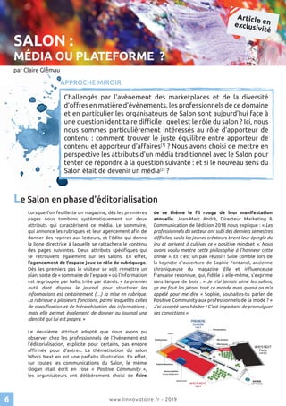 6 www.linnovatoire.fr - 2019
Lorsque l’on feuillette un magazine, dès les premières
pages nous tombons systématiquement su...