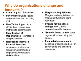 Why do organisations change and
innovate ?
• Crisis: e.g. 9/11 Buncefield
• Performance Gaps- goals
and objectives are not being
met
• New Technology - more
efficient and economical
methods to perform work.
• Identification of
Opportunities - to increase
competitiveness.
• Reaction to Internal &
External Pressure:
customers, environment,
legislation, shareholders,
employees, competitors,
stakeholders
• Mergers & Acquisitions:
Mergers and acquisitions can
mean duel functions being
redundant
• Change for the sake of
change: new CEO to
demonstrate effectiveness
• ‘Sounds Good/ Us too’ other
organisations are doing the
same .
• Planned Abandonment -
declining products, markets, or
subsidiaries and allocating
resources
 