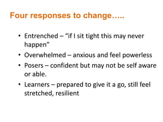 Four responses to change…..
• Entrenched – “if I sit tight this may never
happen”
• Overwhelmed – anxious and feel powerless
• Posers – confident but may not be self aware
or able.
• Learners – prepared to give it a go, still feel
stretched, resilient
 