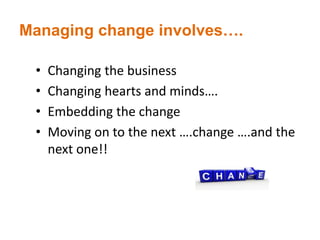Exercise - Why do organisations need to
or choose to change and innovate ?
• Consider the internal environment and the
ext...