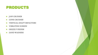 PRODUCTS


JAW CRUSHER



CONE CRUSHER



VERTICAL SHAFT IMPACTORS



VIBRATING SCREEN



GRIZZLY FEEDER



SAND WASHERS

 